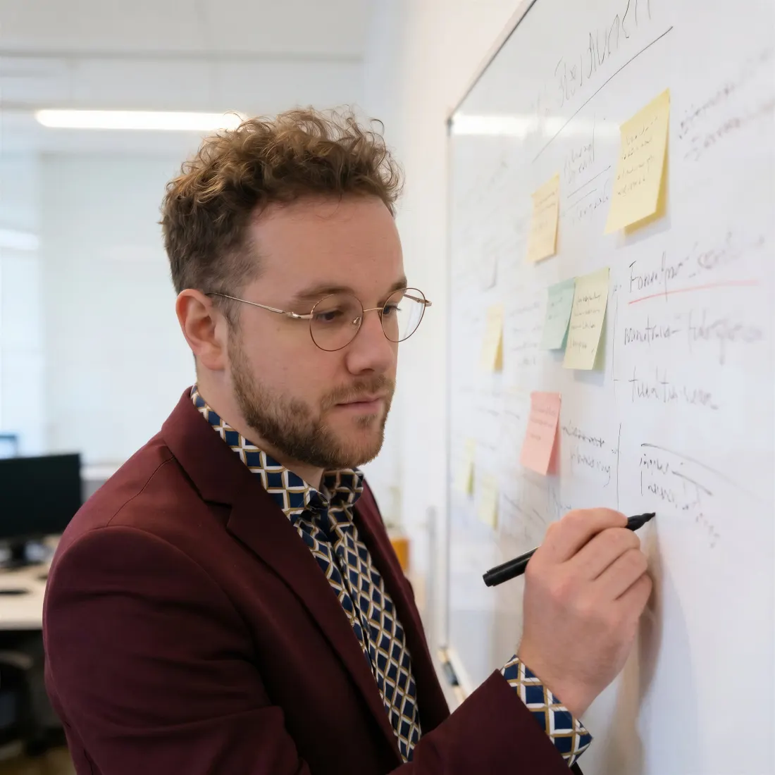 Richard Raduly working through notes at a whiteboard.